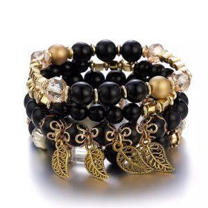 Boho Luxe Black Bead & Gold Leaf Charm Bracelet Set