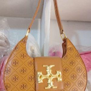Designer-Inspired Camel Crescent Shoulder Bag with Gold Emblem