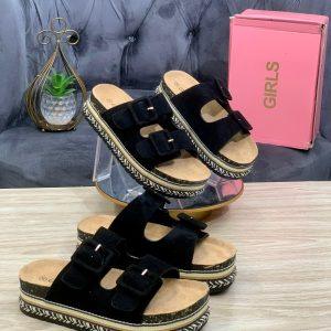 Suede Double Buckle Platform Slides