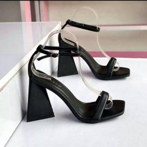 Minimalist Luxe: Black Geometric Block Heel Sandals with Clear Straps