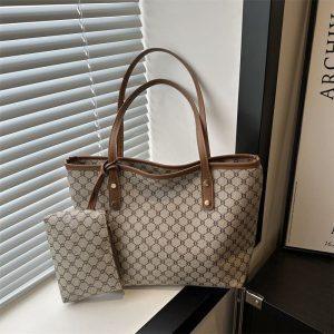 Beige Monogram Luxury Tote Bag with Matching Pouch