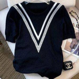 Premium V-Pattern Knitted Short Sleeve Top