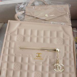 Elegant Beige Quilted Chanel-Inspired Handbag with Matching Wallet