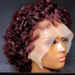 Wine‑Tinted Curly Bob Lace Front Wig (Full Frontal)