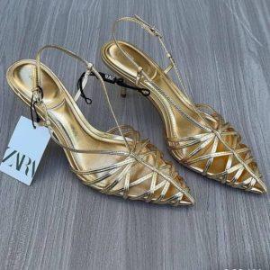 Gold Pointed Toe Sling-back Heels