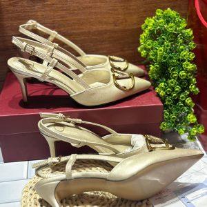 Beige Pointed‑Toe Block Heel Slingback with Gold Buckle