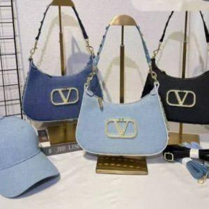 Trendy Denim V-Logo Shoulder Bag & Cap Set