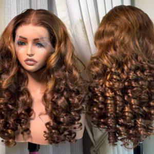 Long Curly Bounce Lace Front Wig with Caramel Highlights