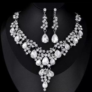 Silver Bridal Crystal Necklace and Earrings Set