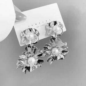 Elegant Gold and Silver Floral Drop Earrings with Pearl Accents