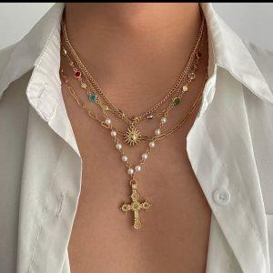 Gold Sun & Cross Pearl Layered Necklace Set