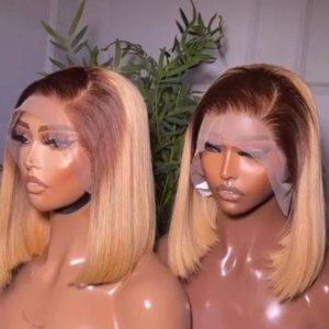 Full Frontal -1b/4# Blunt Cut Blonde Bob Wig with Dark Roots