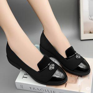 Elegant Women’s Black Loafers with Glossy Toe and Crystal Accent