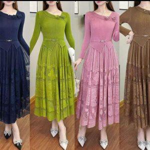 Elegant Floral‑Lace Knit Maxi Dress
