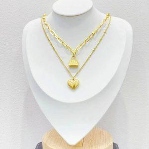 2-in-1 Layered Gold Necklace – Heart & Padlock Pendant