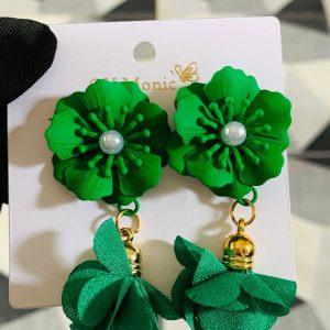 Elegant Green Floral Drop Earrings with Pearl Accent