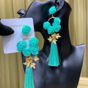 Elegant Turquoise Rose Tassel Earrings