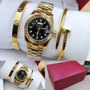 Premium Luxury-Inspired Gold Wristwatch And Bracelet Set