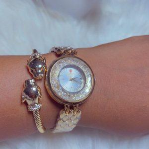 Luxury Crystal-Encrusted Wristwatch & Dragon-Head Bracelet Set