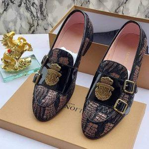 Luxury Patterned Leather Loafers with Double Buckle Detail