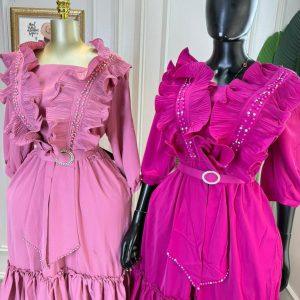 Luxury Ruffled Midi Dress with Pearl Detailing (Sizes L–3XL)