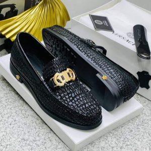 Men’s Luxury Croc-Textured Leather Loafers with Gold Hardware