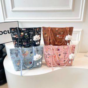Trendy Graffiti-Style Tote Handbag with Cute Charm