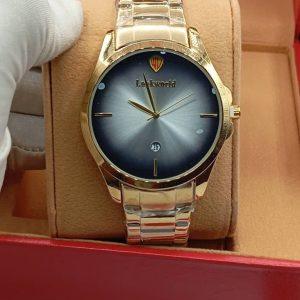 Elegant Gold-Tone Ladies Wristwatch with Sunburst Blue Dial