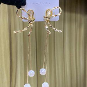 Elegant Gold Bow Pearl Drop Earrings